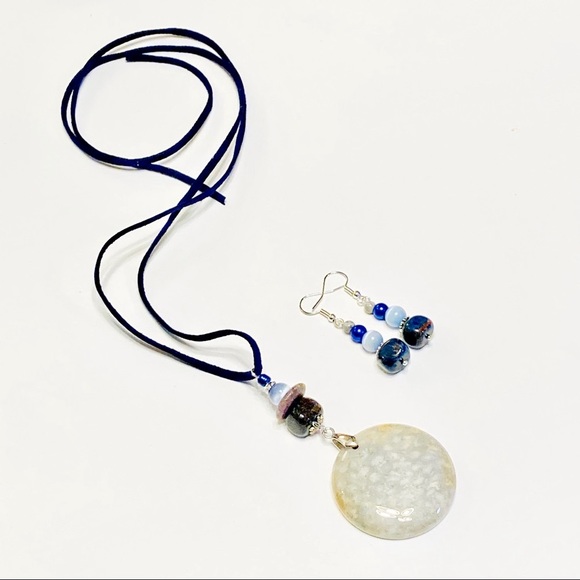 Navy Blue Brown & Gray Fossilized Coral Necklace & Matching Stone Earrings - Picture 8 of 14